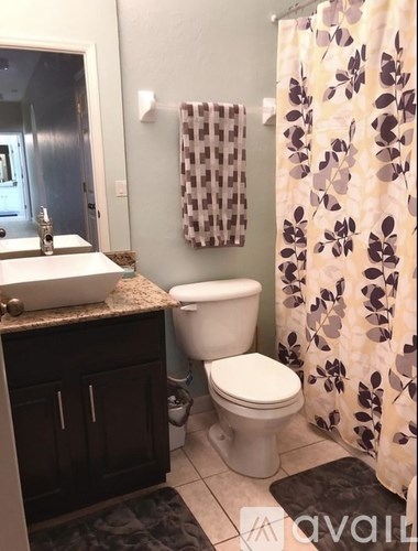 A bathroom with a toilet, sink, and shower curtain.