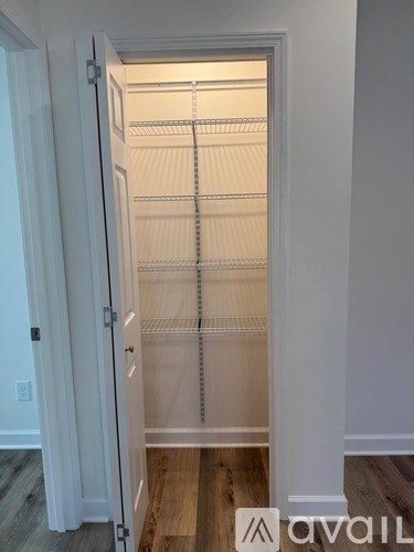 A white closet with a door open and shelves inside.