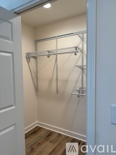 A white door opens to a walk-in closet with shelving and a light on the ceiling.