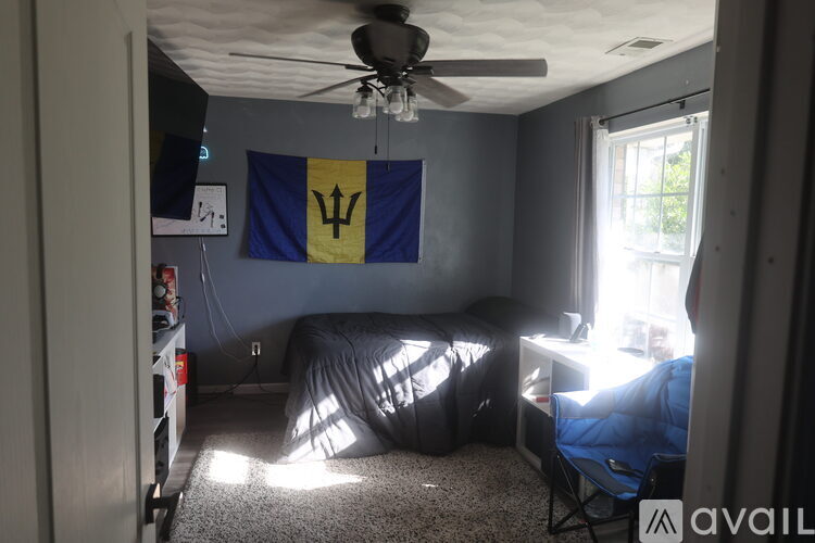 A room with a ceiling fan and a flag hanging on the wall.