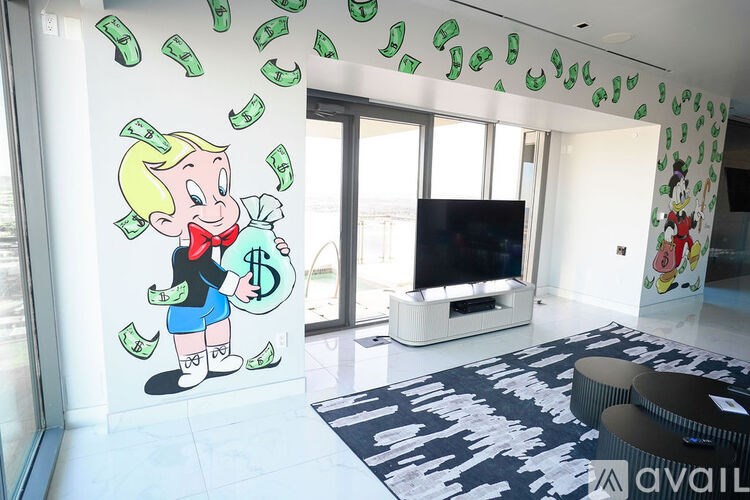 A cartoon character is holding a bag of money with bills flying out of it.