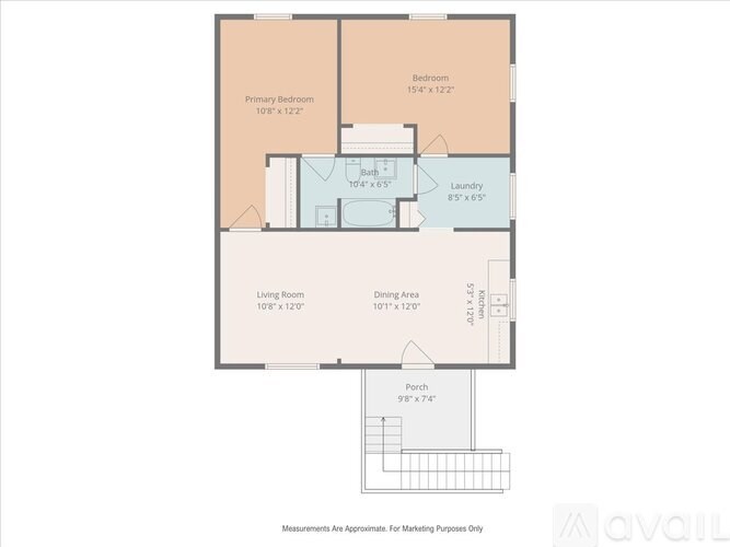 A floor plan of a house with a living room, dining area, kitchen, two bedrooms, a bathroom, and a porch.