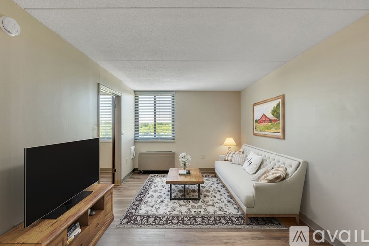 A living room with a couch, a coffee table, and a television.