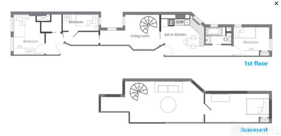 A floor plan of a house with two bedrooms, a living room, a dining room, a kitchen, and a basement.