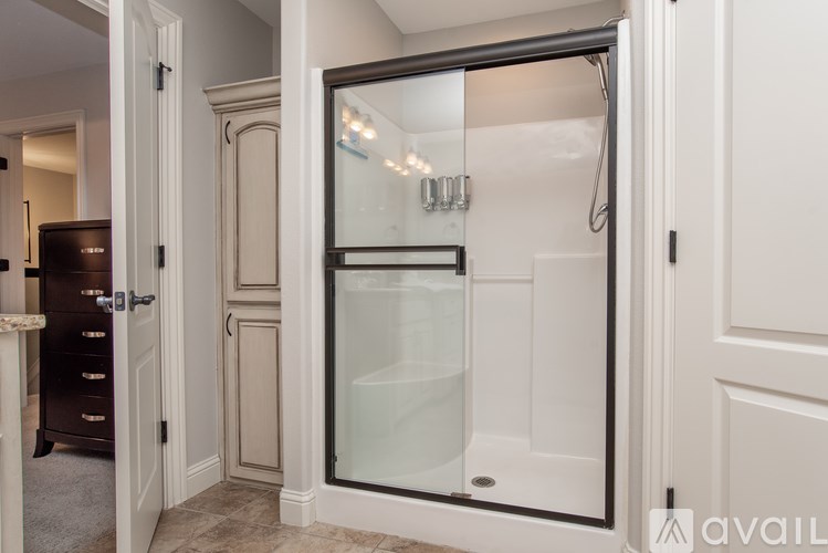 A bathroom with a walk-in shower and a white door.