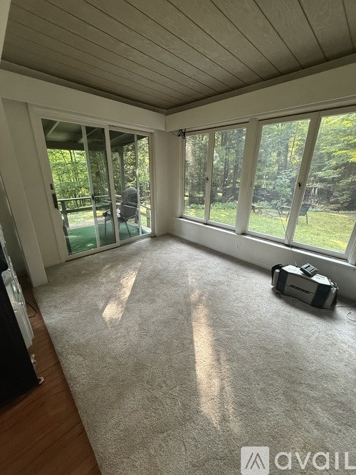 A sunny room with a carpet floor and a large window.