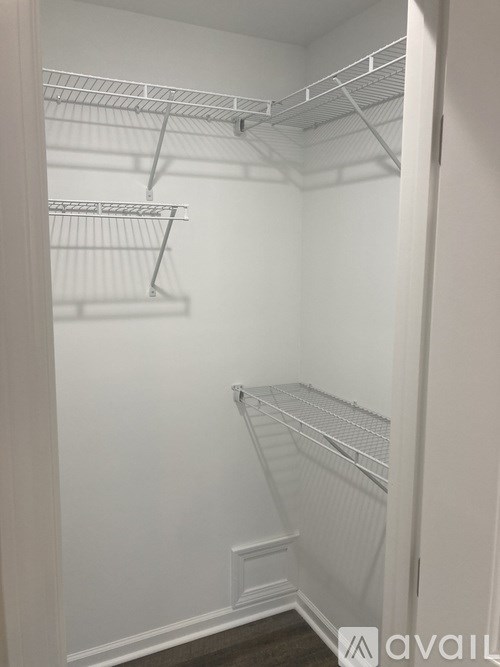 Empty white shelves in a pantry.