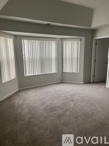 A room with grey carpet and two windows with white blinds.