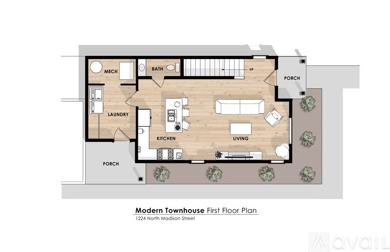 A floor plan of a modern townhouse with a laundry room and a garage.