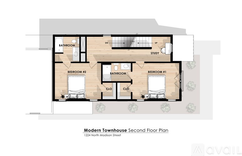 A drawing of a second floor plan for a modern townhouse.