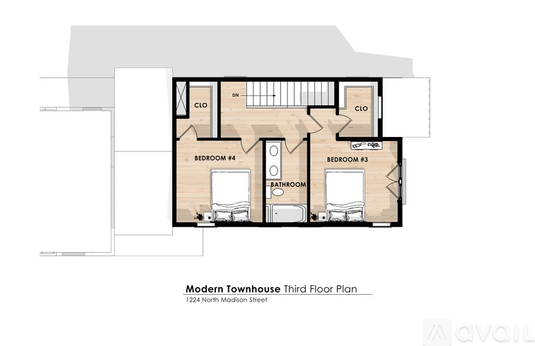 A drawing of a third floor plan for a modern townhouse at 124 North Madison Street.