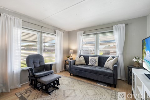 A living room with a grey sofa, a black chair, and a rug.