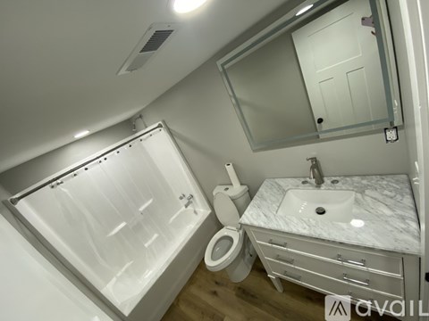 A modern bathroom with a walk-in shower, toilet, and sink.