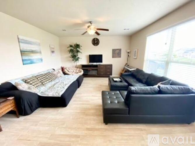 A living room with a black couch and a television.