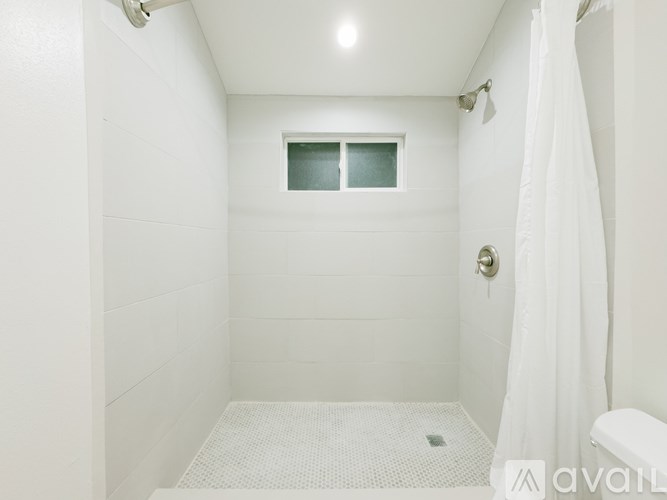A white bathroom with a shower and a toilet.
