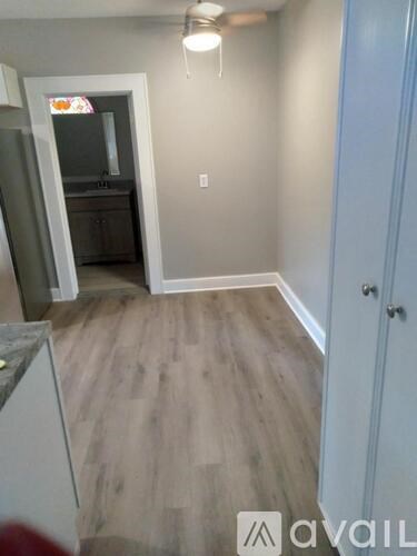 A room with a wooden floor and a white door.