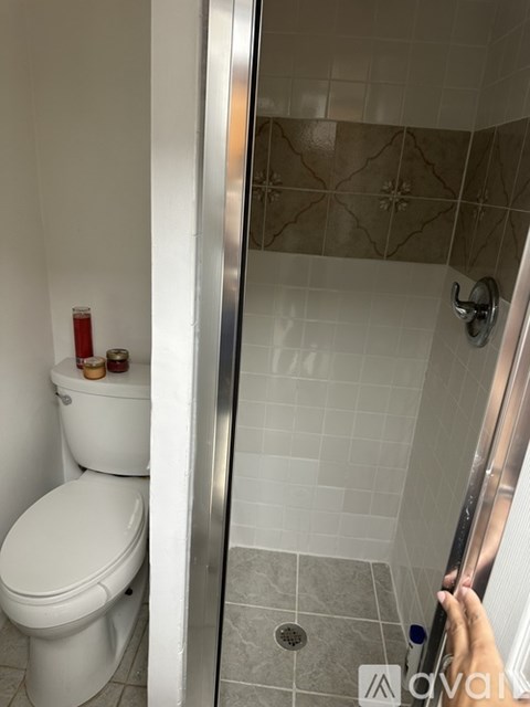 A white toilet is in a bathroom with a shower.