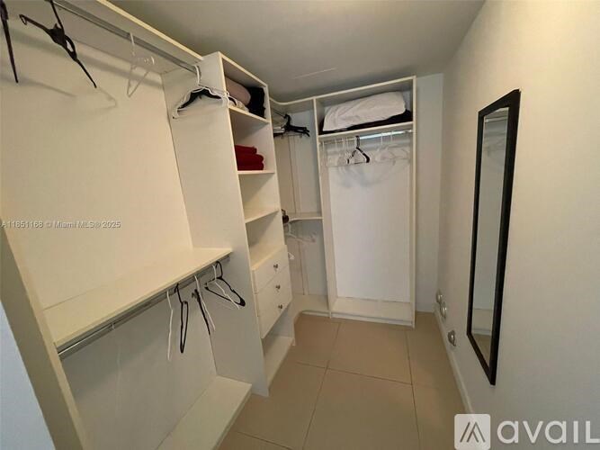 A small, white, and empty walk-in closet with a mirror on the wall.