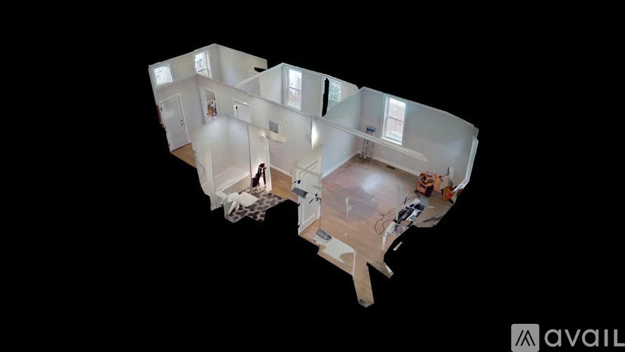 A top down view of a house with a kitchen and living room.