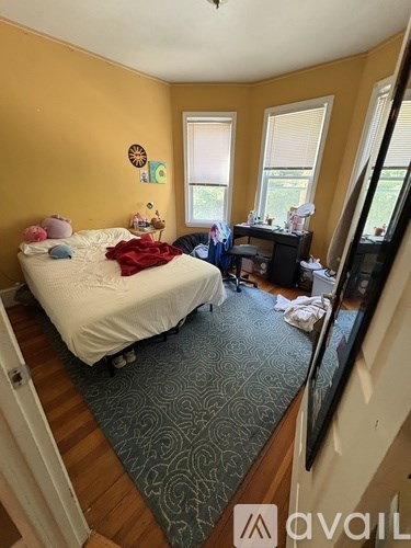 A bedroom with a bed, a dresser, and a mirror.