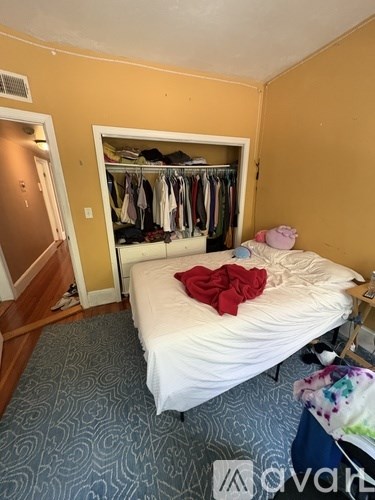 A bedroom with a bed, a closet, and a carpeted floor.