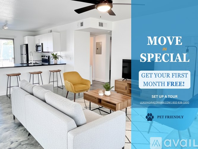 A living room with a couch, a chair, and a coffee table is on sale for the first month free.