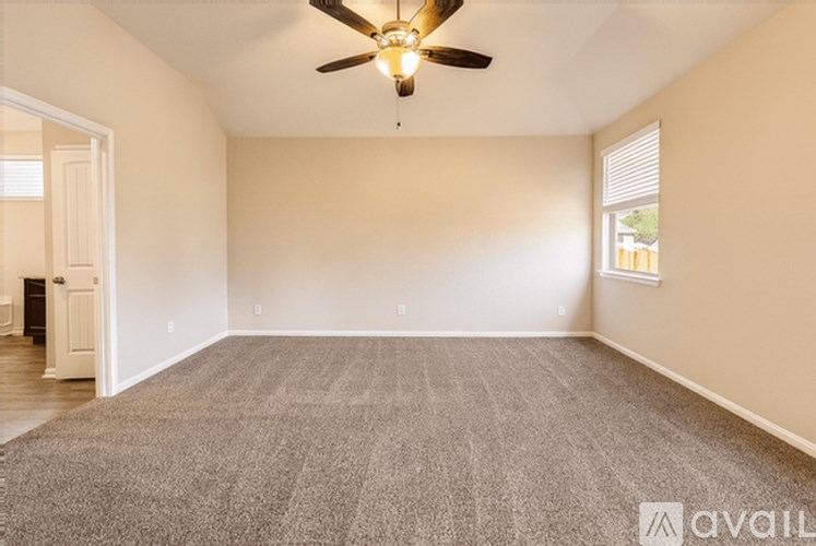 A room with a ceiling fan and carpeted floor.