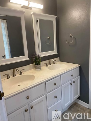 A bathroom with a white sink and a mirror above it.