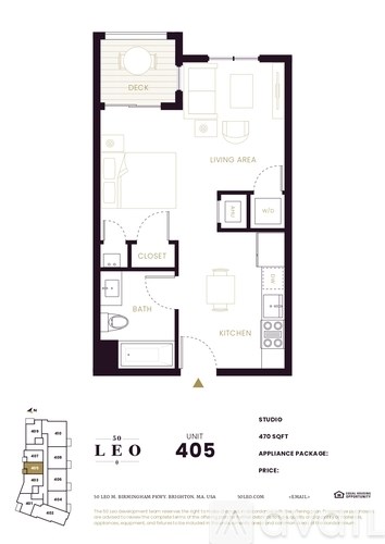 A floor plan of a studio apartment named Leo 405.