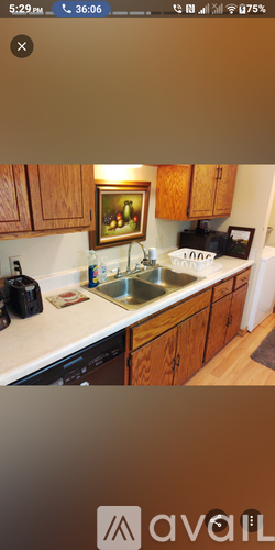 A kitchen with wooden cabinets and a painting on the wall.