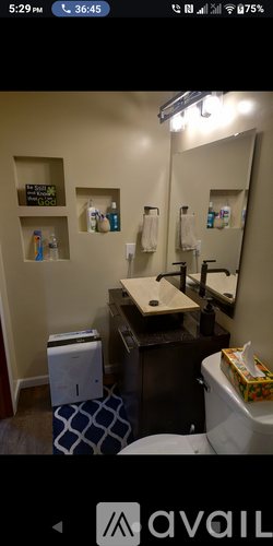 A bathroom with a mirror, sink, and toiletries.