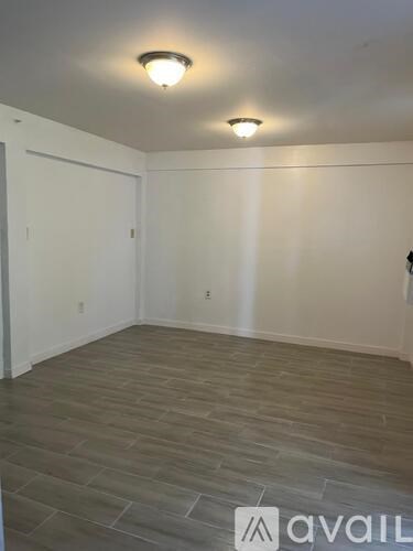 A room with a wooden floor and two lights on the ceiling.