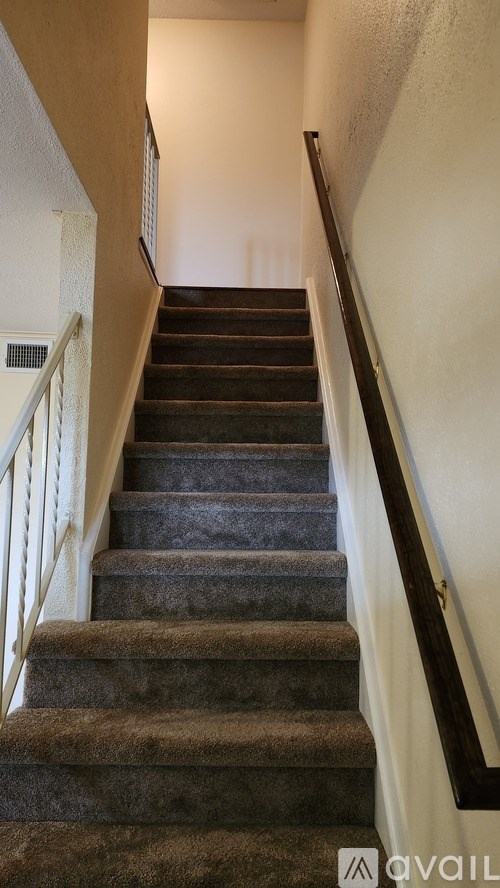 A staircase with a carpeted runner and white balustrade.