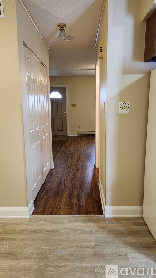 A hallway with a white door on the left and a brown door on the right.