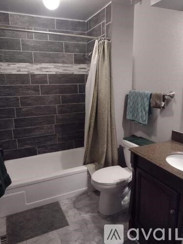 A bathroom with a toilet, a shower curtain, and a towel hanging on the wall.