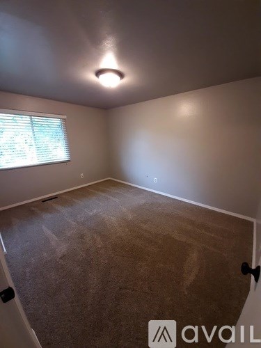 A room with a carpeted floor and a window with blinds.