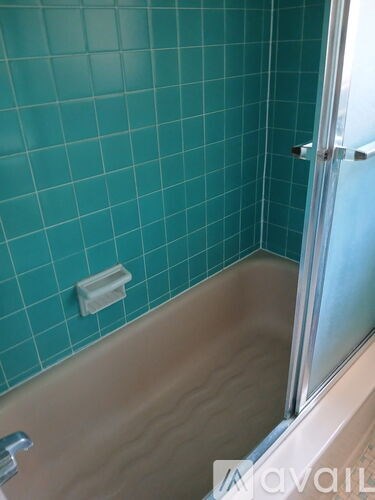 A shower with a glass door and a white soap dish.