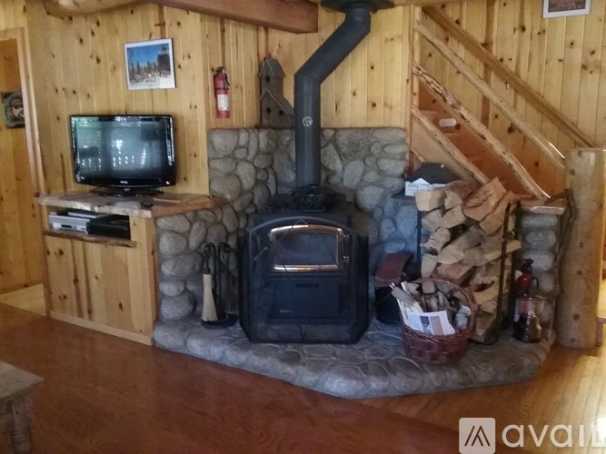 A wood stove in a room with a stone surround and a TV on a wooden stand.