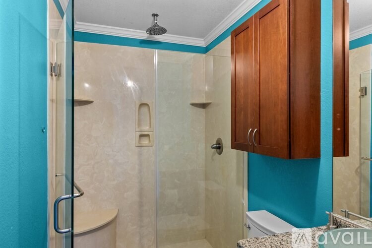 A shower area with a glass door and a brown cabinet.