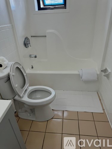 A white toilet with a roll of toilet paper on the side and a window above it.