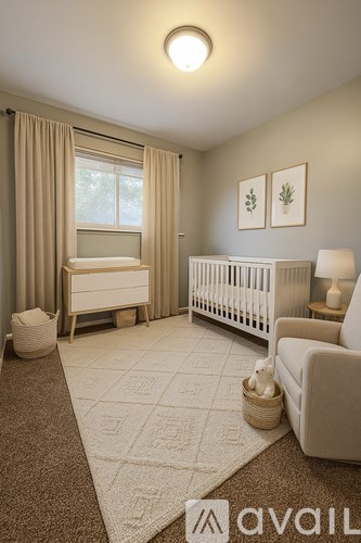 A baby nursery with a white crib and a beige rug.