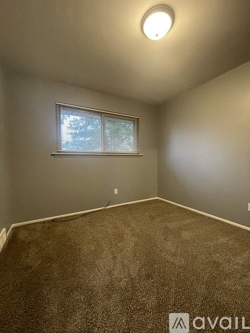 A room with a carpeted floor and a window.