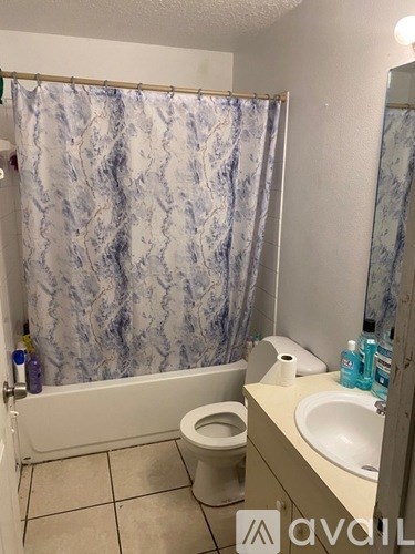 A bathroom with a toilet, sink, and shower curtain.