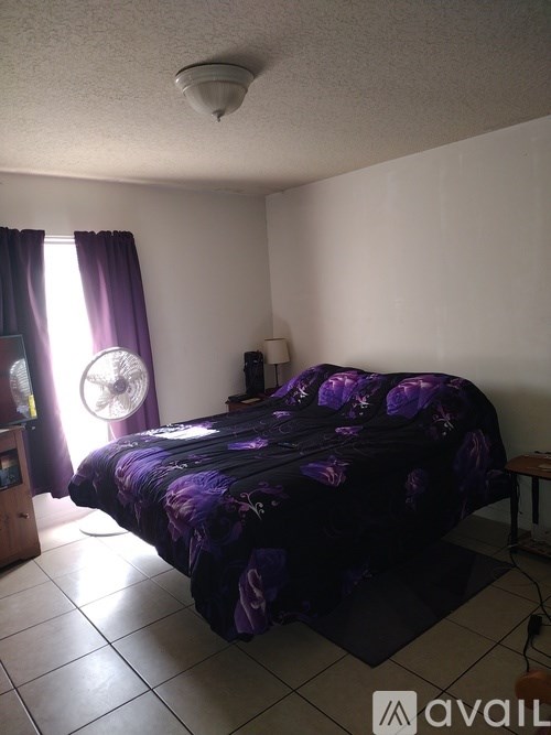 A bedroom with a purple bedspread and a ceiling fan.
