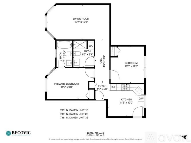 A floor plan for a home with a living room, two bedrooms, a bathroom, and a kitchen.