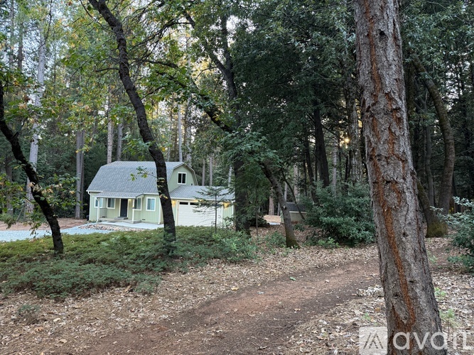 A house is surrounded by trees in a wooded area.