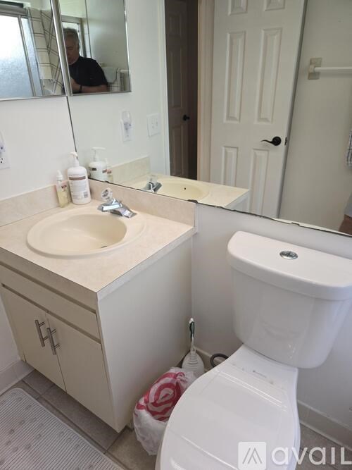 A bathroom with a sink, toilet and mirror.