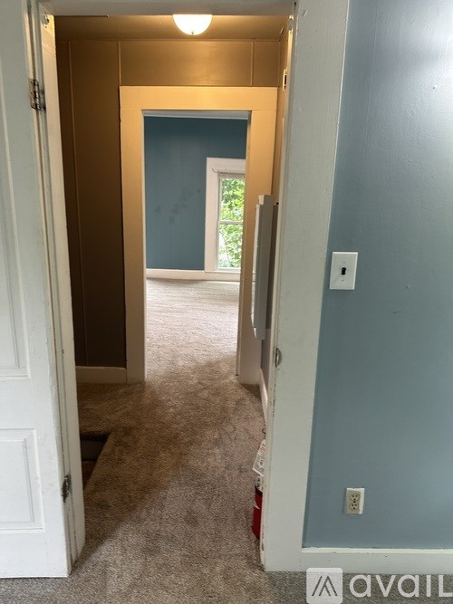 A hallway with a white door and a blue wall.