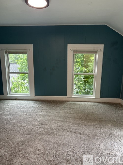 A room with two windows and a carpeted floor.