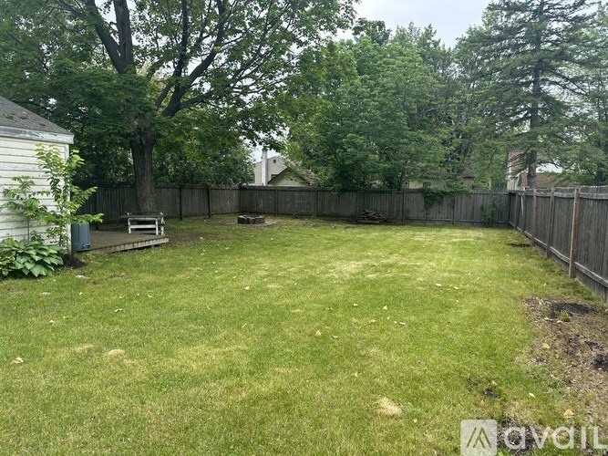 A backyard with a wooden fence and a tree.